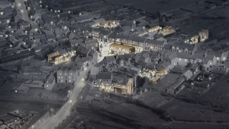 McCullough Mulvin’s Mountrath concept drawing where the Market House is rebuilt on its original footprint as a contemporary public building of a new type. Concept drawing: Niall McCullough and Emma Cooney, mcculloughmulvin.com