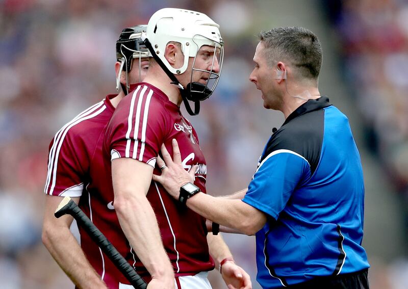 Joe Canning talks to referee Fergal Horgan during the  Galway v Waterford All-Ireland hurling final in 2017. Horgan produced a virtuoso display of no-nonsense refereeing on the big day. Photograph: James Crombie/Inpho 