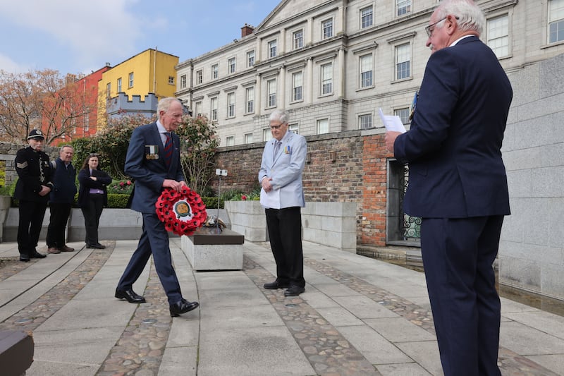 John F Sheehan, of the Harp Society, with chairperson Eddie O’Donovan and Jim Herlihy, public relations officer, at a wreath-laying ceremony at Dublin Castle on Thursday. Photograph: Alan Betson