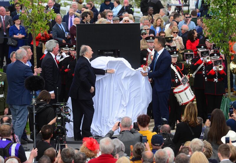 Taoiseach Leo Varadkar & H H Aga Khan officially open the new facilities and the Aga Khan Grandstand during day two of the Curragh Spring Festival at the Curragh Racecourse in Co Kildare. Photograph: PA Wire