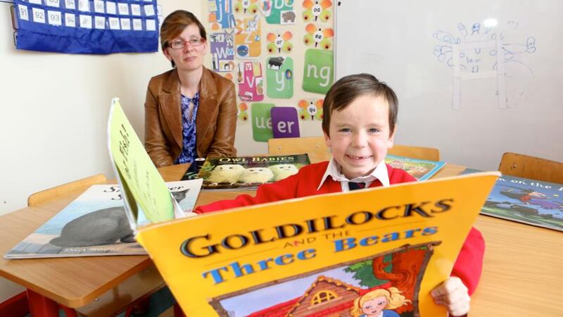 Conor Neill (6) with his mum Siobhan in the Doodle Den in St Michael’s Infants School, Sexton Street, Limerick. Photograph:  Brian Gavin Press 22