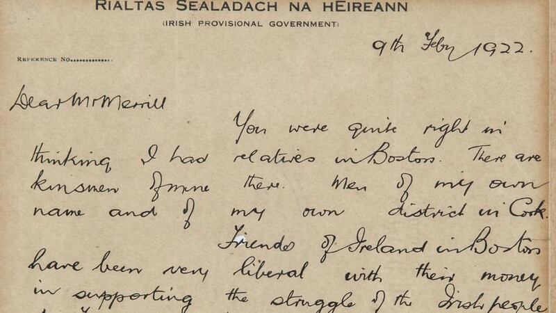 Michael Collins’s letter to a ‘Boston Globe’ journalist in February 1922. It is written on the headed notepaper of the ‘Provisional Government of Ireland’