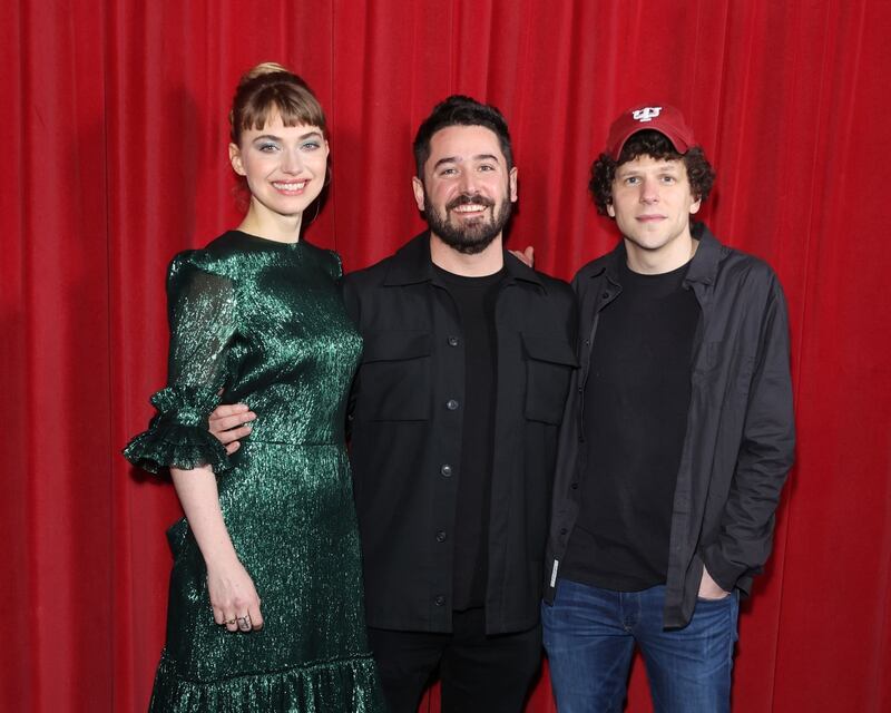 Imogen Poots, Lorcan Finnegan and Jesse Eisenberg attend the “Vivarium” photocall at Curzon Soho on February 21, 2020 in London, England. Photograph: Mike Marsland/WireImage/Getty Images