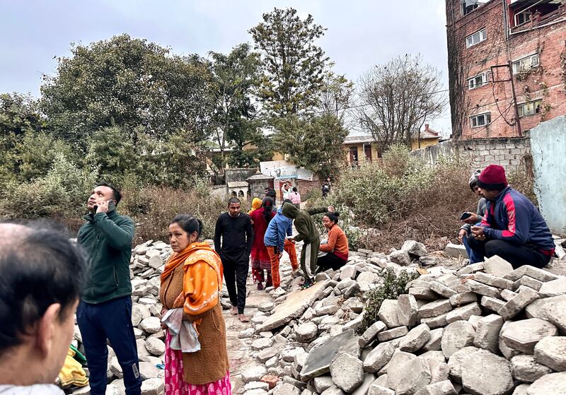 Nepalese people gather after getting out of their homes following an early morning earthquake in Kathmandu, Nepal, January 7th 2025.