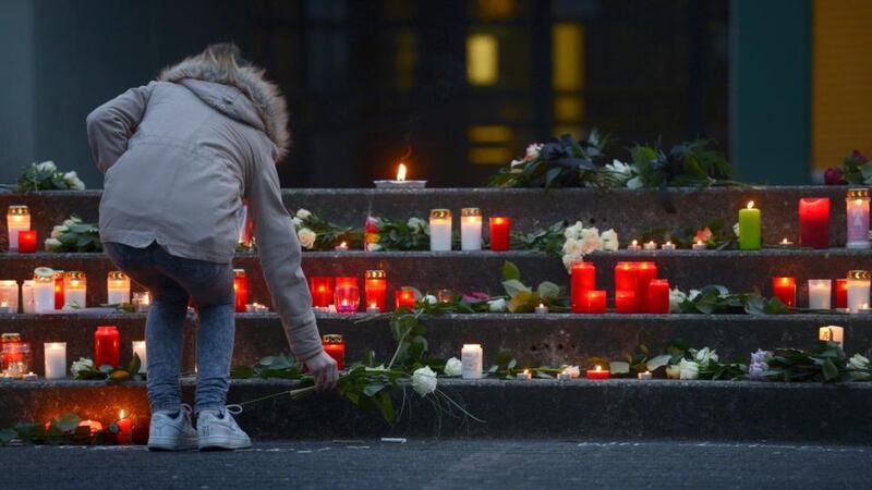 Memorial in front of Joseph-Koenig-Gymnasium  school in Haltern am See, Germany. Sixteen teenagers and two teachers on a school exchange trip were assumed to be among the 150 dead in the crash. Photograph: Sascha Schuermann/AFP/Getty Images