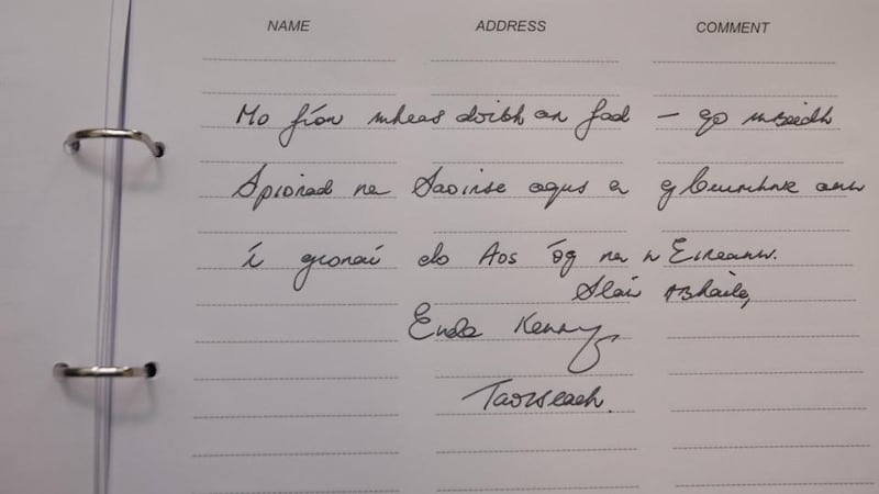 A book of condolence signed by Taoiseach Enda Kenny TD in the Mansion House, Dublin for the six students who died in the balcony collapse tragedy in Berkeley, California. Photograph: Gareth Chaney Collins