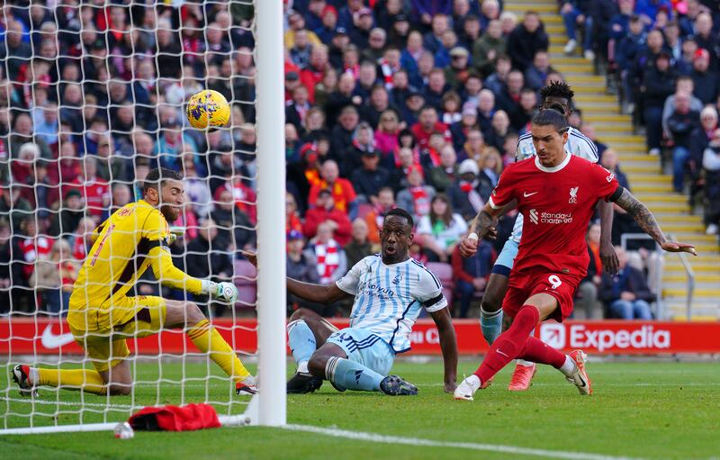 Liverpool's Darwin Nunez scores his side's second goal against Nottingham Forest at Anfield. Photograph: Peter Byrne/PA