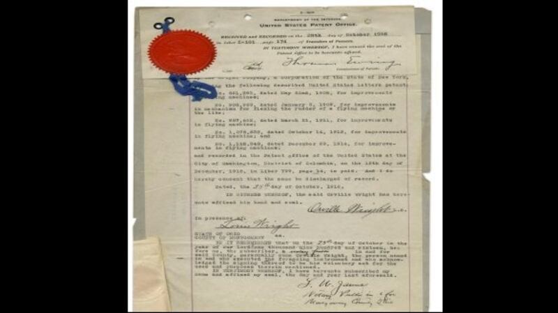 Transfer document for Orville Wright’s aeronautical patents to be auctioned