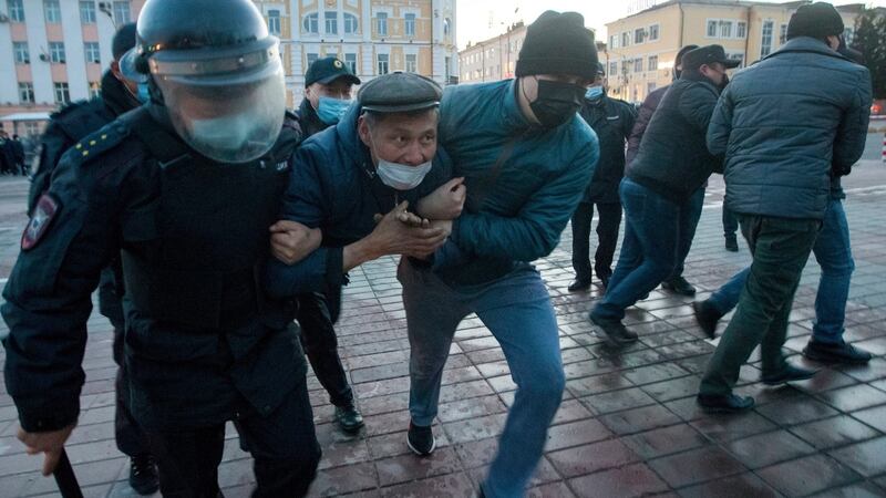 Police officers detain a man during a protest in support of jailed opposition leader Alexei Navalny in Ulan-Ude, the regional capital of Buryatia, Russia. Photograph:  Anna Ogorodnik/AP