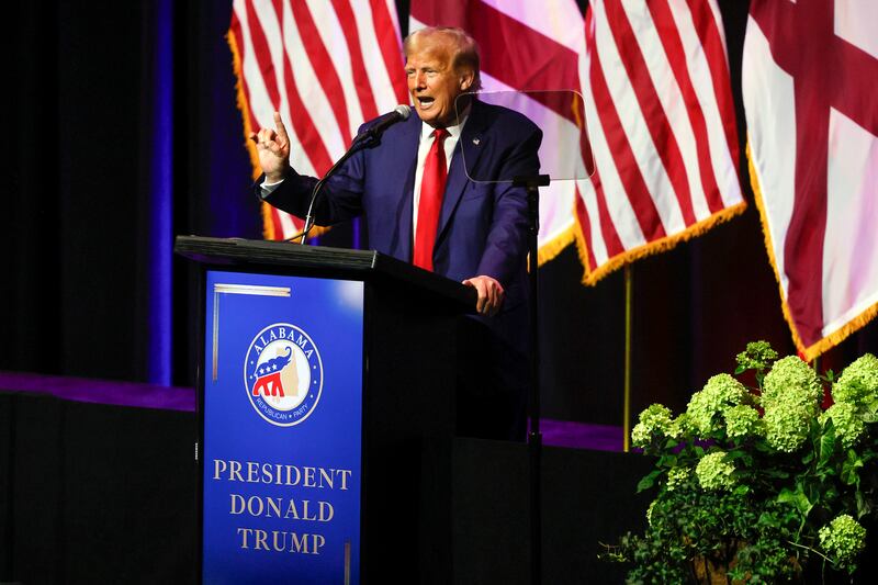 Former US president Donald Trump speaks at a fundraiser event in Montgomery, Alabama. Photograph: Butch Dill/AP