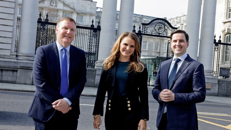 Michele Romanow with Minister for Public Expenditure and Reform Michael McGrath and IDA Ireland chief executive Martin Shanahan