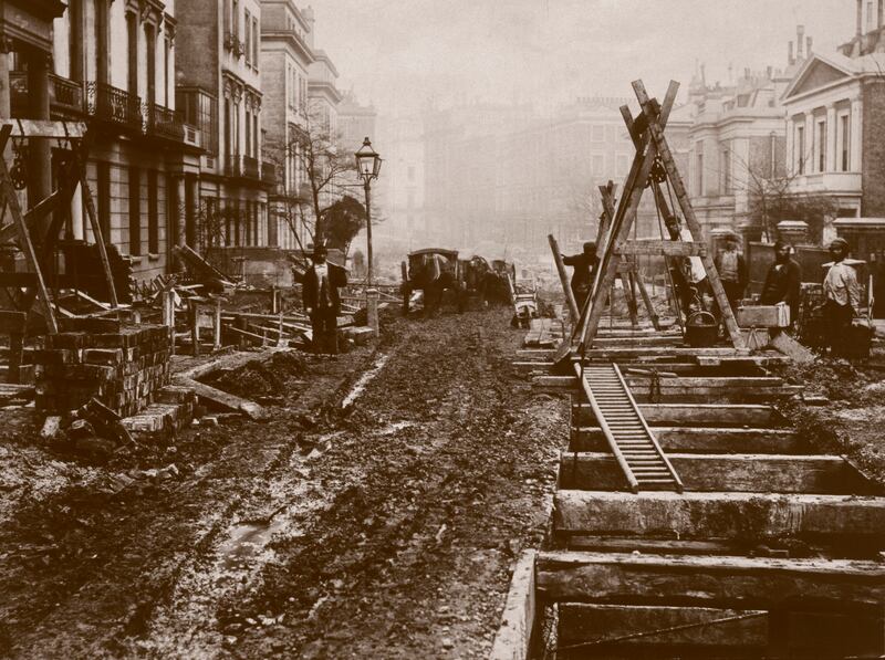 Navvies force the Metropolitan Line through a London street in the early 1860s. Photograph: SSPL/Getty Images