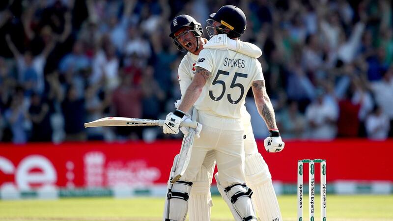 Ben Stokes and Jack Leach celebrate England’s stunning win over Australia in Leeds. Photograph: Tim Goode/PA