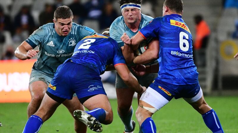 Leinster’s Thomas Clarkson has his progress halted during the United Rugby Championship match against  the DHL Srtormers at Cape Town Stadium. Photograph: Thinus Maritz/Inpho