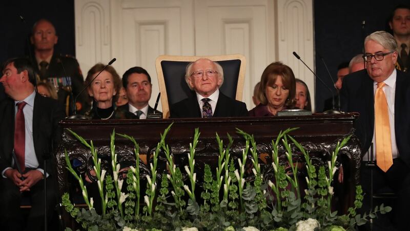 Michael D Higgins is seen during the service of prayer at the beginning of the presidential inauguration ceremony. Photograph:  Government pool/Maxwells