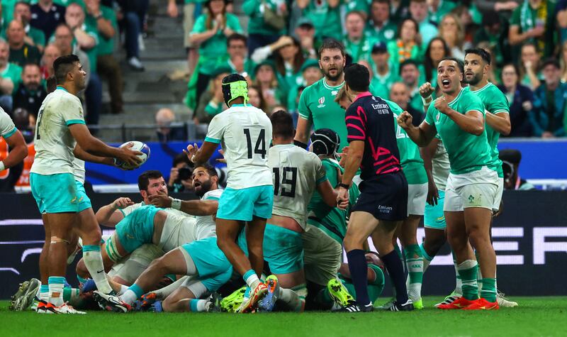 Ireland’s James Lowe reacts late in the Pool B game against South Africa at the Stade de France, Saint-Denis, Paris. Photograph: James Crombie/Inpho