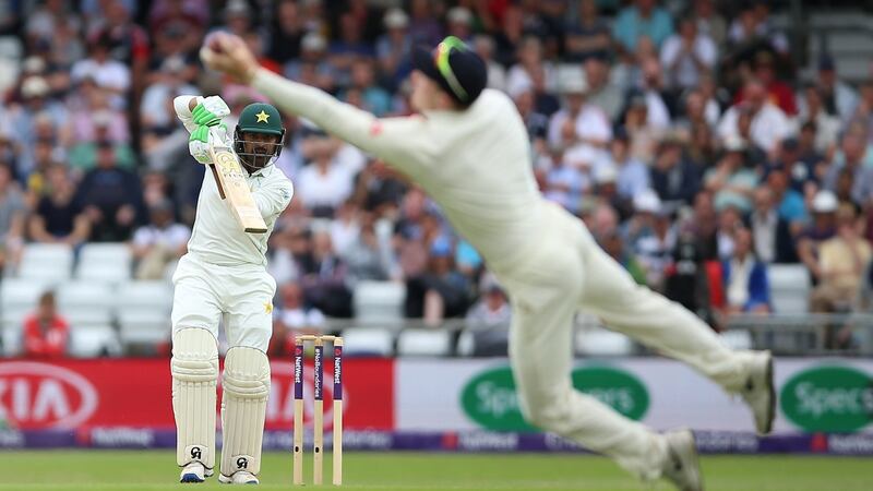 Pakistan’s Haris Sohail is caught by England’s Dom Bess. Photograph: Nigel French/PA