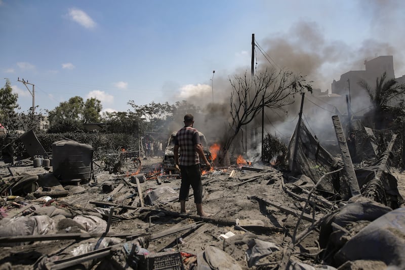 Aftermath of an Israeli raid in the Al-Mawasi area of Khan Yunis, southern Gaza Strip. Photograph: EPA