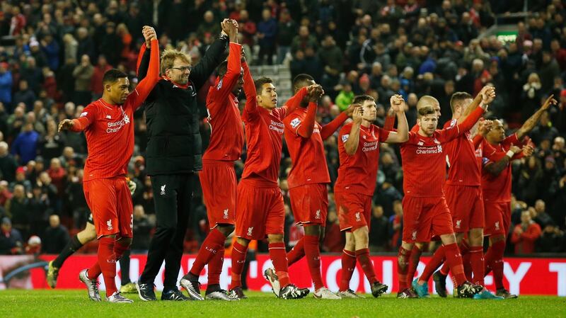Liverpool manager Jürgen Klopp leads the team in celebration after the Premier League win over West Brom at Anfield. Photograph: Phil Noble/Reuters/Livepic