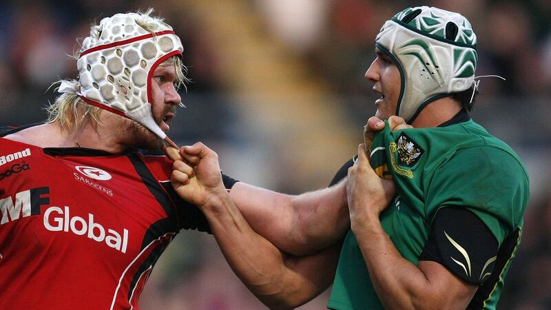Mouritz Botha of Saracens and Juandre Kruger of Northampton Saints  get into a fight during the LV Anglo Welsh Cup semi-final  at Franklin’s Gardens  in  2010. Photograph: Tom Dulat/Getty Images