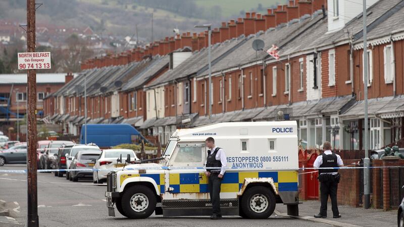 PSNI officers maintain the cordon on Sunday at the scene on Etna Drive in the Ardoyne district of the city where Robbie Lawlor was shot dead on Saturday April 4th. Photograph: Stephen Davison