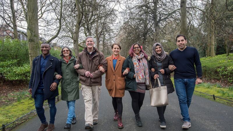 New To The Parish author Sorcha Pollak, centre, with Azeez Yusuff, Ellen Baker with husband James;  Chandrika Narayanan Moham; Maisa al-Hariri; and George Labbad. Photograph: Brenda Fitzsimons