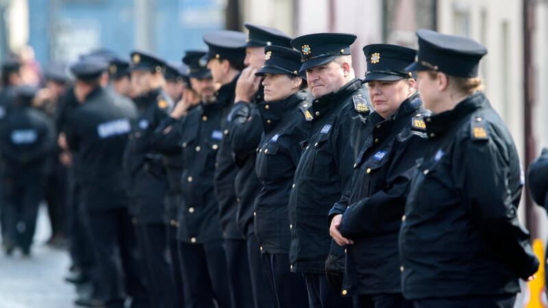 Members of the Gardai prepare for the guard of honour pictured  the funeral of Detective Garda Colm Horkan, at St. Jamses’ Church, Charlestown, Co. Mayo.  Photograph: Colin Keegan, Collins Dublin