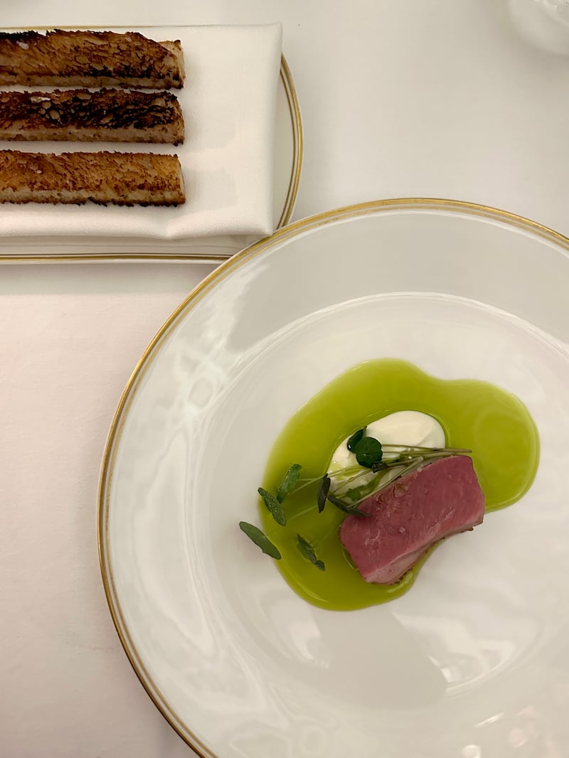 Achill Island mountain lamb, Velvet Cloud sheep yoghurt with wild thyme vinegar and lamb fat dressing