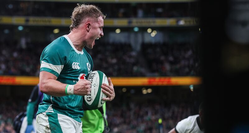 Ireland's Craig Casey celebrates scoring a try against Fiji at the Aviva Stadium. Photograph: Ben Brady/Inpho 