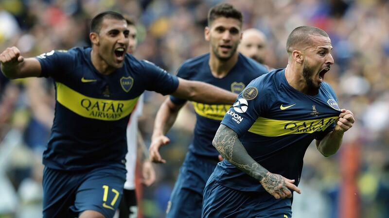Boca Juniors’ Dario Benedetto celebrates after scoring his side’s second against River Plate. Photograph: Alehandro Pagni/AFP