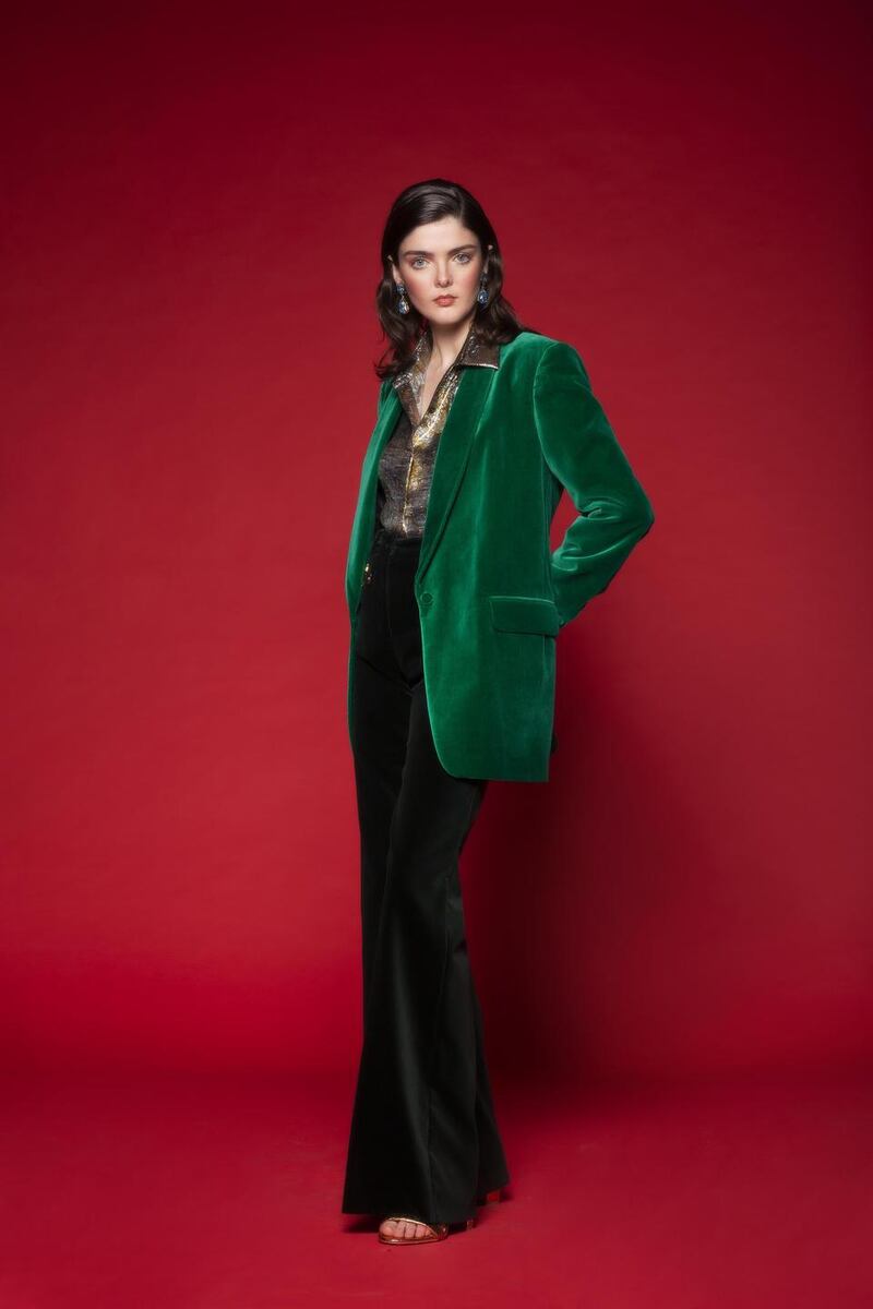 Blue drop earrings, €330, Oscar De La Renta, Loulerie; green velvet blazer, €855, metallic shirt, €800, both Dries Van Noten, Brown Thomas; velvet trousers, €306, Pinko, Macbees; heels, €115, Kurt Geiger