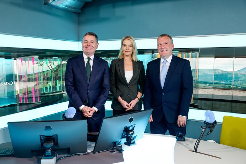 Minister for Public Expenditure and Reform Paschal Donohoe and Minister for Finance Michael McGrath with RTÉ Radio 1 presenter Claire Byrne where the duo answered questions on Budget 2024
