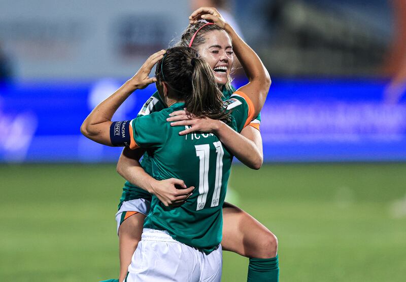 Ireland's Denise O'Sullivan and Katie McCabe celebrate the victory over Finland in the World Cup qualifier at Tallaght Stadium last September. Photograph: Tom Maher/Inpho 