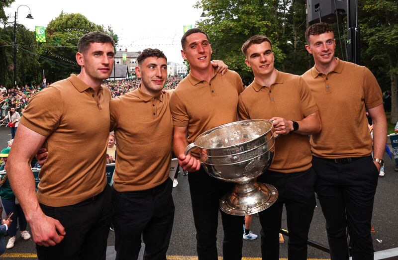 Paul Geaney, Paudie Clifford, Joe O’Connor, Dylan Casey and Shane Ryan with the Sam Maguire Cup at the team's homecoming. Photograph: Ben Brady/Inpho