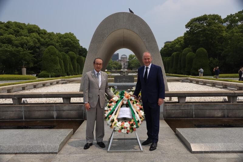 Micheál Martin lays a wreath at the Hiroshima memorial. Photograph: Aimée-Linh McCartney