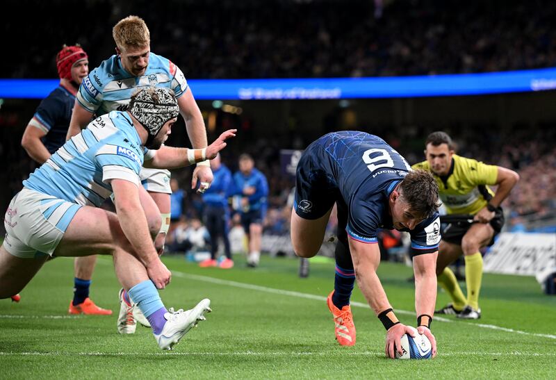 Dan Sheehan of Leinster scores his team's seventh try against Glasgow Warriors at the Aviva Stadium. Photograph: Charles McQuillan/Getty Images