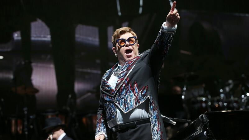 Elton John unleashing the defiant and brilliantly brittle I’m Still Standing at his show in the 3Arena, Dublin, on Wednesday. Photograph:  Laura Hutton/The Irish Times