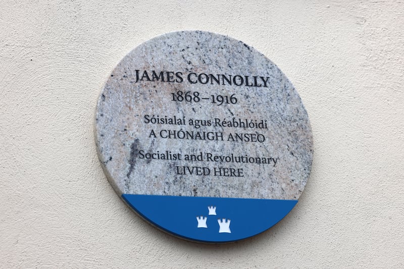 The plaque commemorating James Connolly was unveiled at 70 South Lotts Road, Ringsend, one of only two surviving houses in Dublin in which Connolly lived with his family. Photograph: Dara Mac Dónaill
