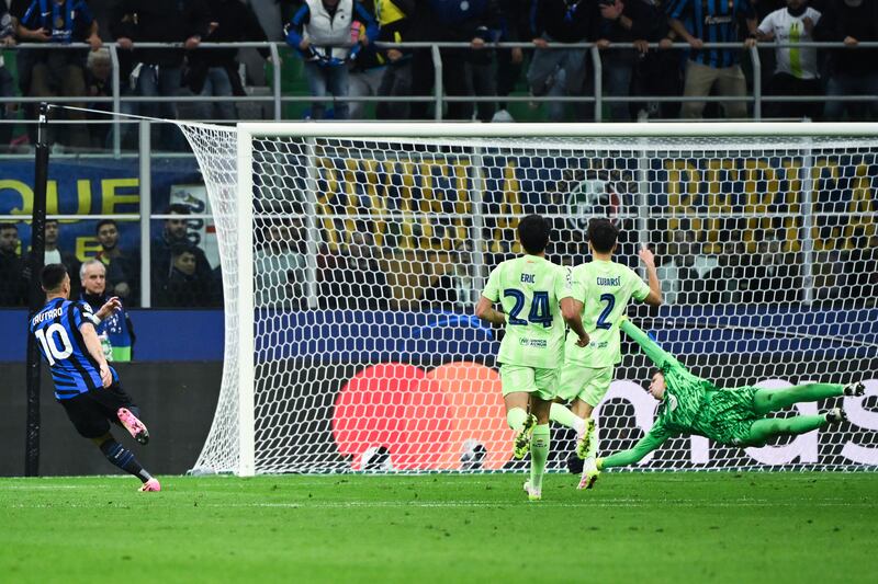 Inter Milan's Lautaro Martinez (left) scores against Barcelona in the Champions League semi-final second leg at the San Siro. Photograph: Piero Cruciatti/ AFP via Getty Images