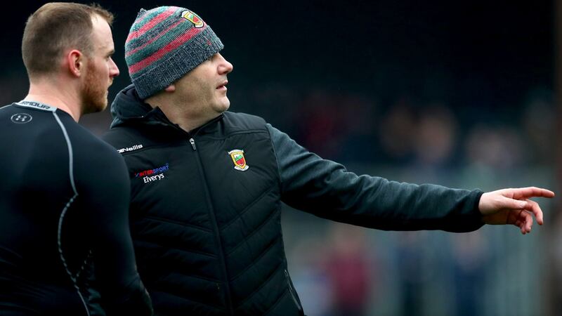 Mayo’s Rob Hennelly and manager James Horan. Photograph: James Crombie/INPHO