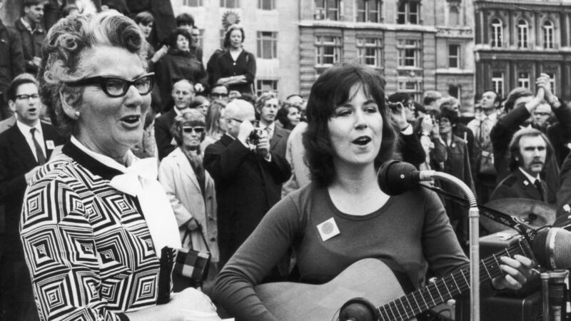 Mary Whitehouse (left)  with Judy Mackenzie at the Festival of Light Rally in London’s Trafalgar Square in September 1971. Thousands gathered to demand a reform of the censorship laws and protest against ‘moral pollution’. Photograph: J Wilds/Keystone/Getty Images