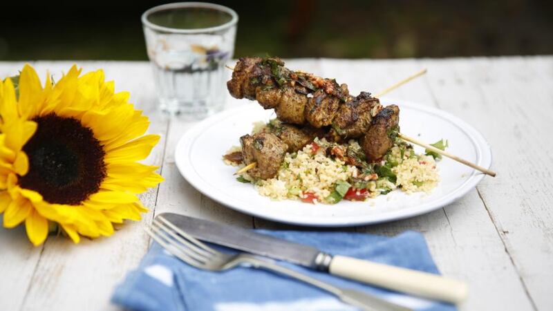 Lamb kebabs with spices and raisin tabbouleh