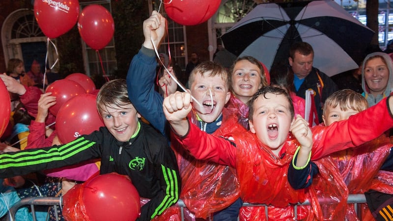 Fans Oisín Walsh, Pádraig Kennedy, David Walsh from Youghal at the Cork women’s football All-Ireland champions’ homecoming in Cork city. Photograph: Daragh Mc Sweeney/Provision