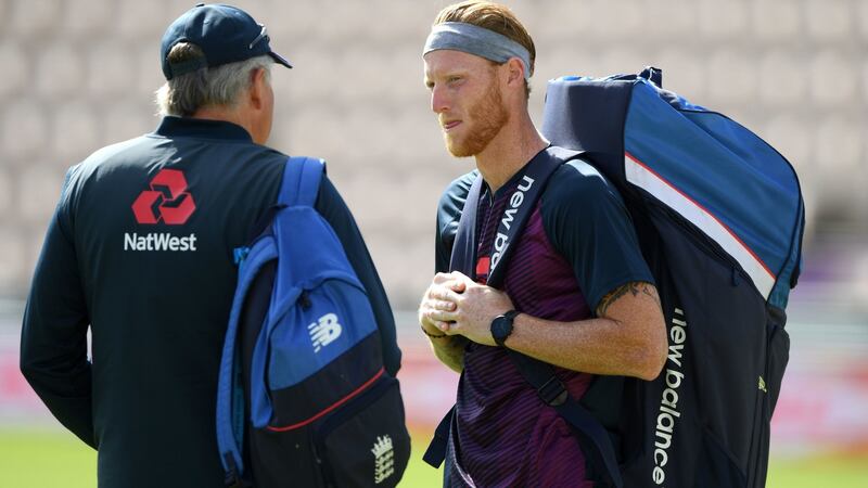 England captain Ben Stokes speaks to coach Chris Silverwood during a nets session at the Ageas Bowl, Southampton on Tuesday. Photograph: Stu Forster/Pool/PA Wire