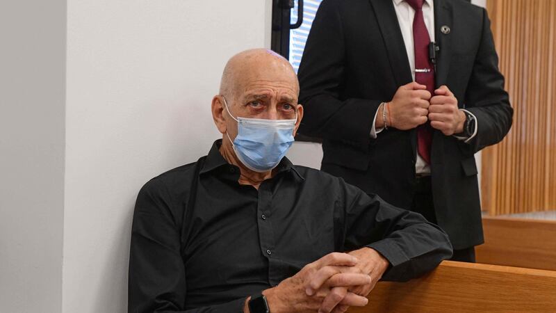 Former Israeli prime minister Ehud Olmert sits in the Tel Aviv Magistrate’s Court. Photograph: Avshalom Sassoni/Pool/AFP via Getty