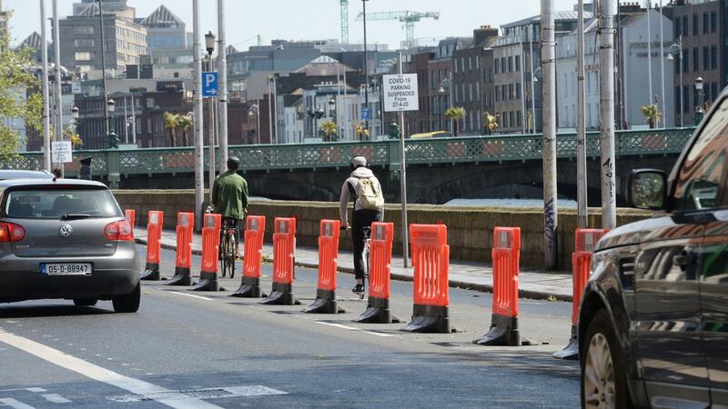 A new cycle lane on Ormond Quay installed by Dublin City Council. Photograph: Alan Betson