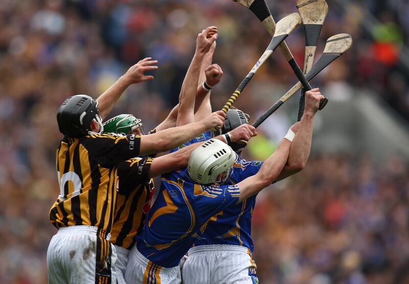 Tipperary's Brendan Maher and Kilkenny's Richie Hogan contest a high ball during the 2009 All-Ireland final. Photograph: Billy Stickland/Inpho