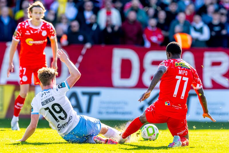 Shelbourne’s Mipo Odubeko competes for possession with Sam Glenfield of Waterford during Monday's game at Tolka Park, which Waterford won 1-0. Photograph: Morgan Treacy/Inpho