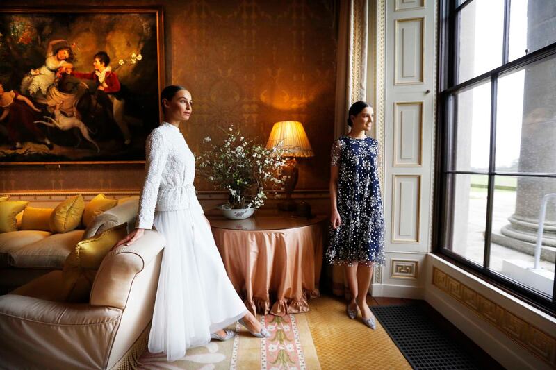 Thalia wearing white Thalia embellished lace Bomber and  Kristen tulle skirt and and Kelly wearing navy/white Liv tulle dress (€895). Photograph: Sasko Lazarov/Photocall Ireland