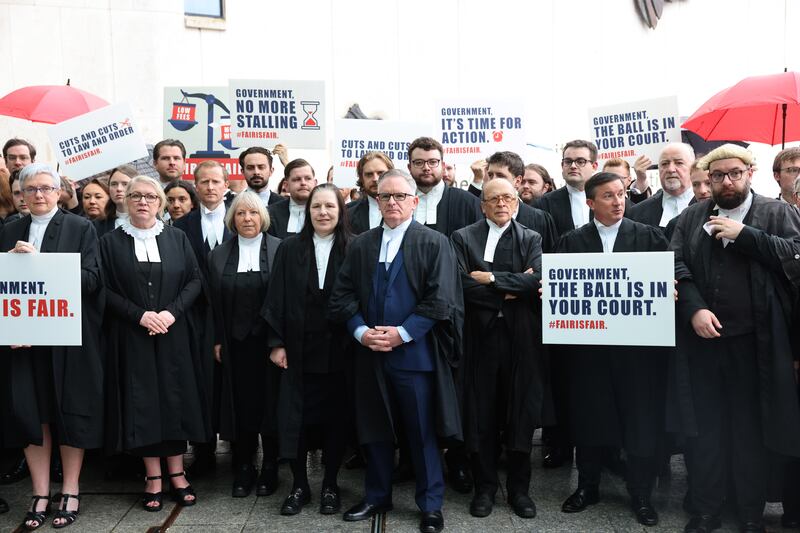 Members of the Criminal Bar as Barristers protest outside Criminal Courts of Justice Parkgate Street, Dublin.
Photograph: Dara Mac Dónaill / The Irish Times








